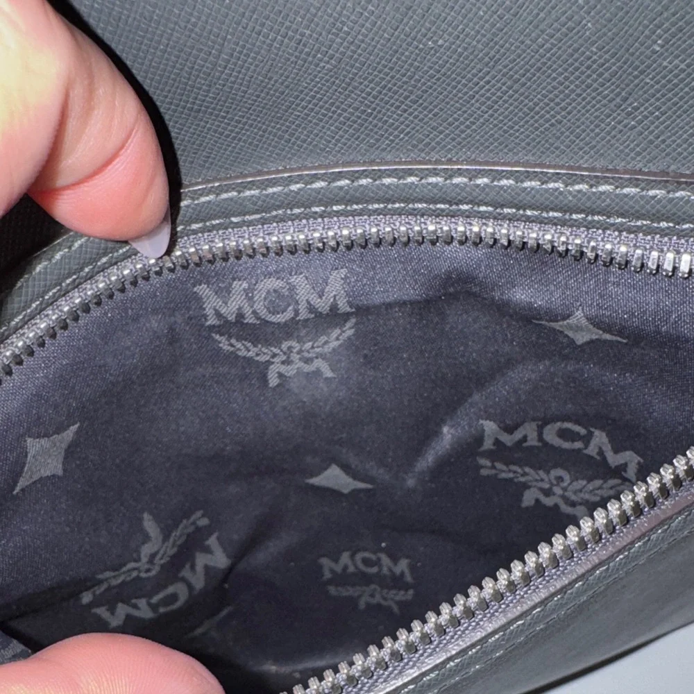 100% Authentic‎ MCM Charcoal Leather Messenger Bag w/Chocolate Brown Strap